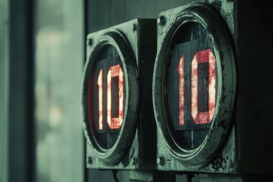 Countdown clock displaying ten seconds in a vintage, worn-out setting with a moody atmosphere, Countdown old movie from 10 to 0 number Old film movie timer count in grey retro style