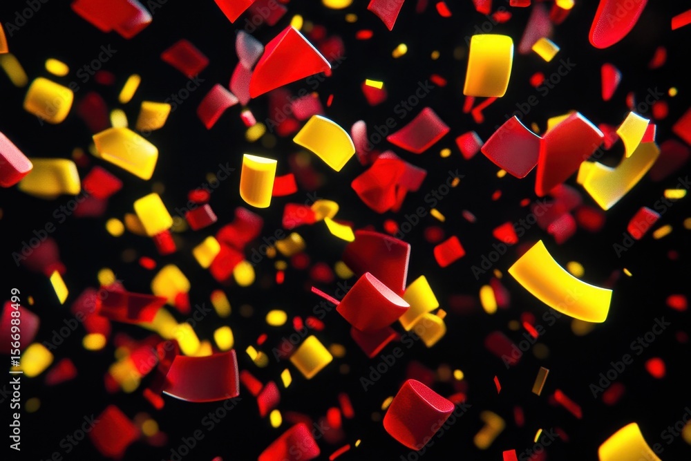 Poster bright red and yellow shapes dance dynamically against a deep black background, creating a vibrant v