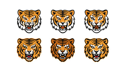 Tiger Head Collection: Six variations of a tiger's head, showcasing different expressions and styles. Perfect for mascot designs, logos, or any project needing a fierce and majestic symbol. 