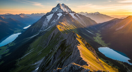 Aerial view of a snow capped mountain range with lakes and valleys during a golden sunset or sunrise light