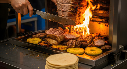 Chef slicing meat from a vertical spit with flames, preparing tacos al pastor with pineapple and tortillas.