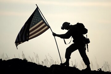 Patriotic soldier silhouette carrying american flag up hill for memorial day celebration image photo 100