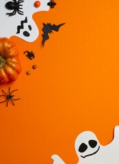 Halloween flat lay composition with ghosts, pumpkin, bat, spiders and comfetti. Happy Halloween holiday concept