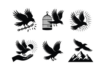Black bird silhouettes breaking chains flying near cage sun hand and mountains vector