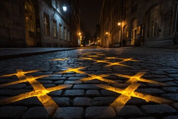 Cobblestone street at night, illuminated by yellow cross patterns