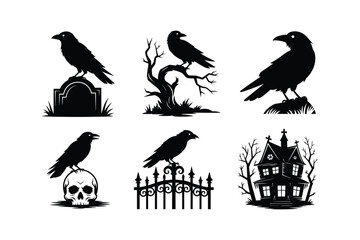 Black crow silhouettes on tombstone tree skull fence and haunted house raven