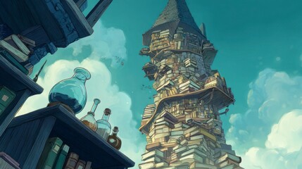Towering book library illustration