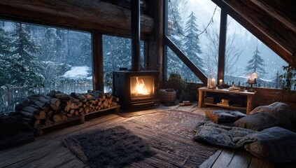 Cozy log cabin interior on a snowy day
