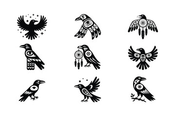 Fototapeta premium Black raven silhouettes with tribal designs and dreamcatcher crow bird