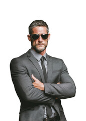 Confident businessman posing in shades portrait professional empowerment isolated on transparent background