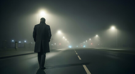 Person walking alone at night in foggy city street
