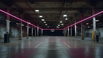 A large black and gray warehouse with pink neon lights, an empty basketball court in the center of the frame. The camera is facing up at eye level, in high resolution