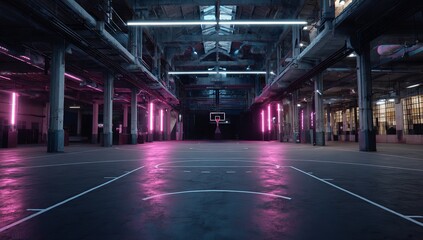 A large black and gray warehouse with pink neon lights, an empty basketball court in the center of the frame. The camera is facing up at eye level, in high resolution