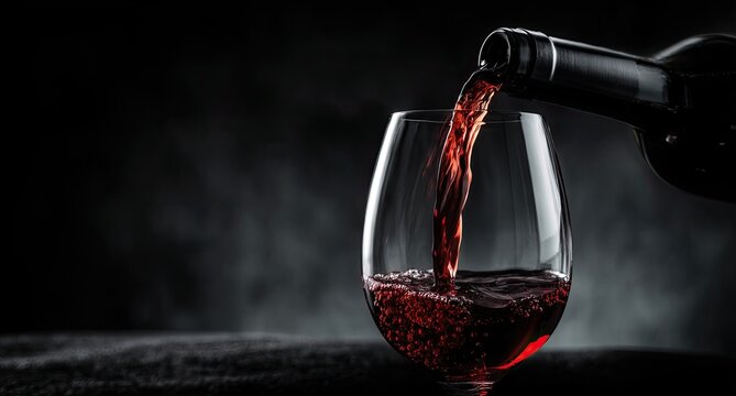 Red wine being poured into a glass, dark background