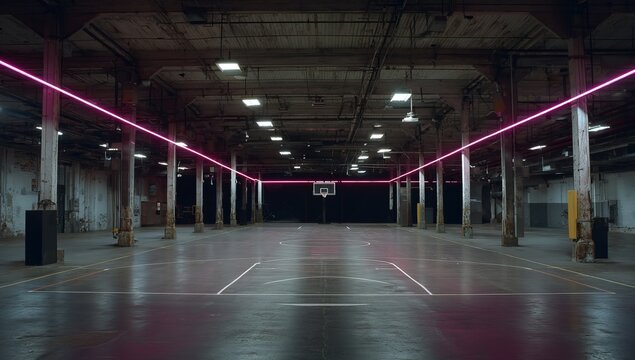 A large black and gray warehouse with pink neon lights, an empty basketball court in the center of the frame. The camera is facing up at eye level, in high resolution