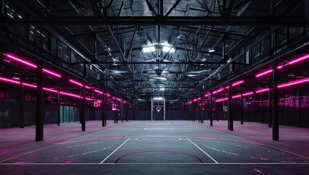 A large black and gray warehouse with pink neon lights, an empty basketball court in the center of the frame. The camera is facing up at eye level, in high resolution