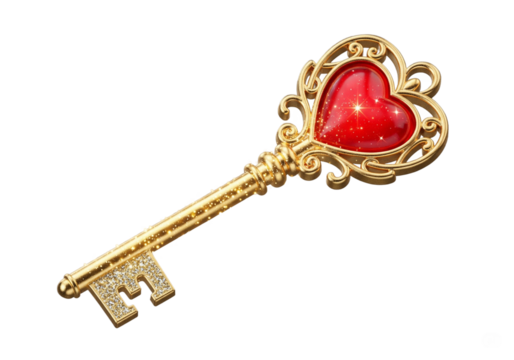 A golden skeleton key with a sparkling red heart top, isolated on a transparent background, symbolizing love's secrets, unlocking emotions, and cherished access.