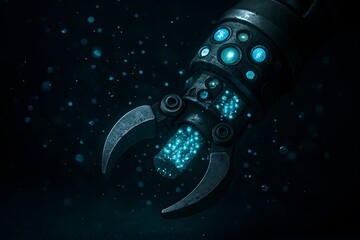 Extreme close-up of ROV-mounted coral sampler with bioluminescent elements. Aquatic particle effects, precision engineering detail. Marine conservation research tool