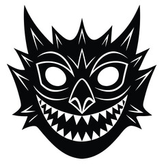 A striking black and white vector illustration of a lion's face, merging elements of a tribal skull mask with regal and monstrous king iconography, ideal for tattoo designs or Halloween art