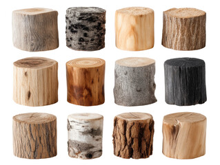 Wooden stumps collection for crafting natural light isolated on transparent background