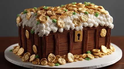 Treasure chest cake decorative dessert with gold coins and wooden textures