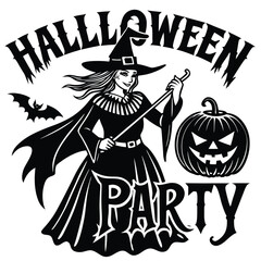 A spooky Halloween party vector illustration set with cartoon pumpkins, witches, bats, and skulls perfect for your holiday celebration design