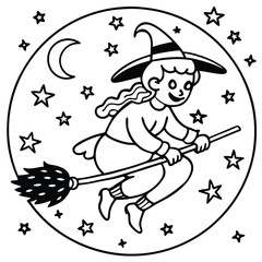 Fototapeta premium Cartoon vector illustration of a fun Halloween witch flying on her broom with a pointy hat