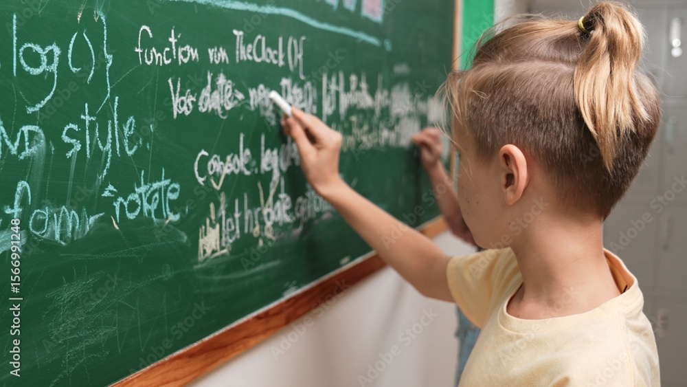 Poster diverse student studying coding engineering prompt while writing answer on blackboard. intelligence 