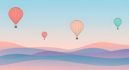 Obraz premium Pastel Hot Air Balloons Soaring Over Soft Hills at Sunrise
