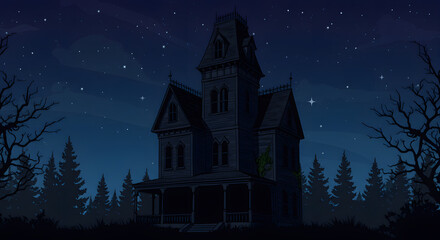 Mysterious Victorian Mansion at Night Spooky Halloween Illustration