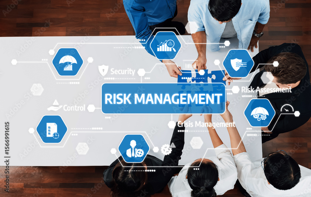 Poster a diverse group of professionals engages in a risk management strategy session, utilizing technology