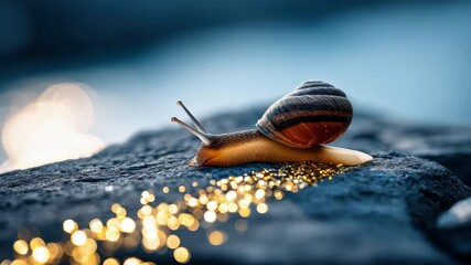 Snail shell animal nature macro closeup bokeh glitter rock outdoor slow wet soft wildlife mollusk summer peaceful calm environment garden invertebrate shiny trail light natural beautiful detailed - Powered by Adobe