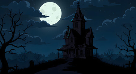 A spooky, animated illustration of a large, dark house at night, under a full moon, with bare trees and a graveyard.