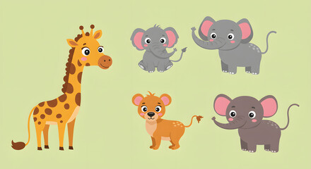 Adorable cartoon giraffe, lion cub, and elephants playfully arranged.