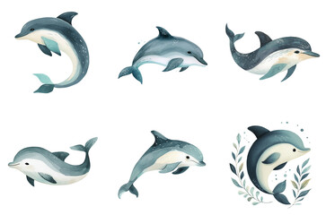 Naklejka premium Colorful dolphins in various poses illustrated with natural details, set