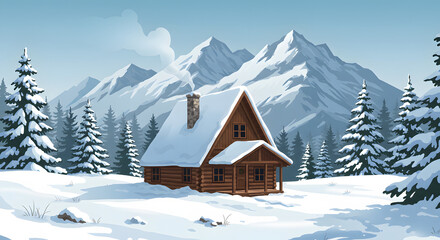 A cozy wooden cabin nestled in a snowy mountain landscape, surrounded by evergreen trees.