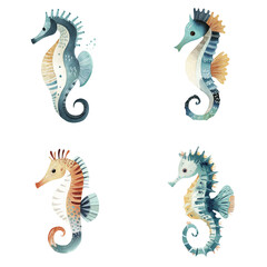 Fototapeta premium Four colorful watercolor seahorses with unique patterns and designs 