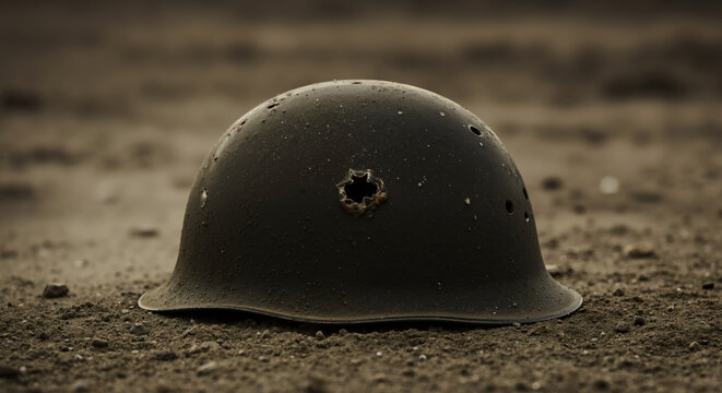 Military helmet with bullet hole on sandy ground in close-up view. Battle-damaged army gear abandoned on battlefield. violence and human loss in warfare. Memorial day remembrance with combat artifact - Powered by Adobe
