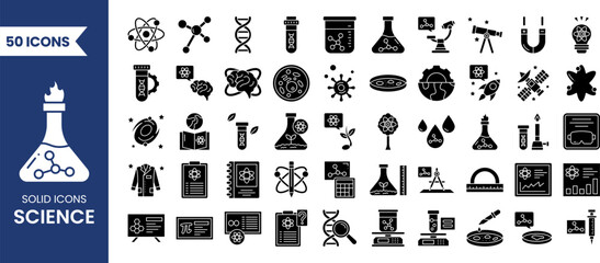 Science icon set in solid style. Containing biology, laboratory, experiment, test tube, scientist, research, physics, chemistry and more. Vector illustration