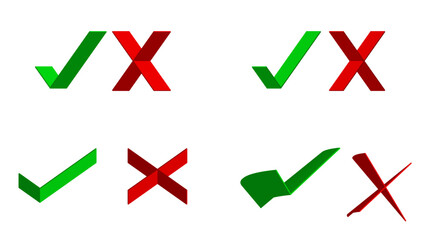 Stylized Vector Pack of 3D Check and Cross Icons for Approval Rejection, and Task Status Indicators Isometric 3D Tick and Cross Symbol Collection for UI UX Validation and Feedback Buttons