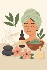 Spa and wellness concept with woman enjoying beauty treatment. Vector illustration for skincare routine with natural face mask, serum, hot stones, and aromatherapy candle for relaxation.