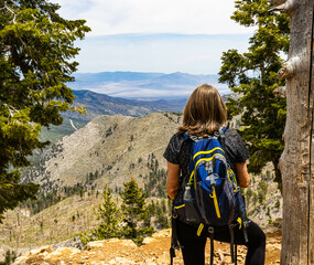 Female Hiker Overlooking Kyle Canyon From The  The Echo Cliffs Overlook, Spring Mountains National...