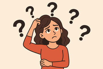 Puzzled woman scratching head with question marks around. Confused pensive girl thinking, seeking solution to a problem. Concept of doubt, dilemma, choice and uncertainty. Vector.