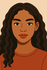 Beautiful multiethnic young woman portrait with long curly dark hair. Black, Latina, mixed race female face. Diversity and inclusion concept. Modern flat design vector cartoon illustration.