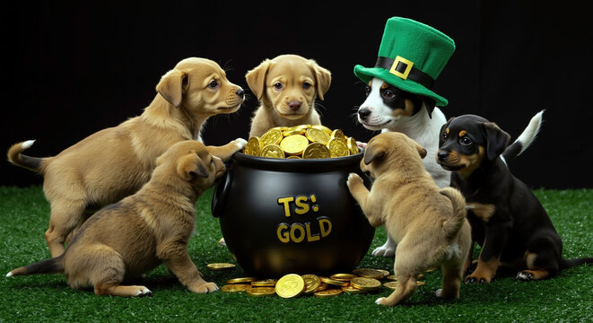 Mixed breed puppies with leprechaun hat around pot of gold on green grass. Saint Patrick's Day celebration concept. Irish holiday party with lucky treasure. Pet supplies, holiday decorations sale