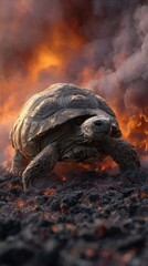 Turtle walking through volcanic terrain