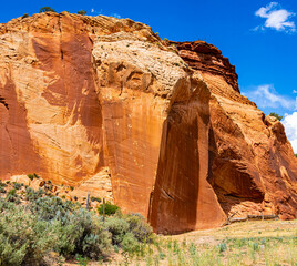 Native American Drawings With Early Settlers Names on Red Sandstoe Wall Along Johnson Canyon Road,...