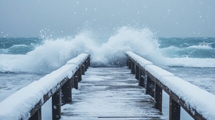 Powerful winter waves crashing over a snowy pier.