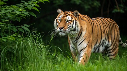A beautiful Bengal tiger against a lush green habitat background Sundarban