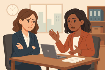 Businesswomen having serious discussion in modern office, professional female colleagues negotiating, conflict resolution, workplace communication, teamwork, corporate meeting, vector illustration
